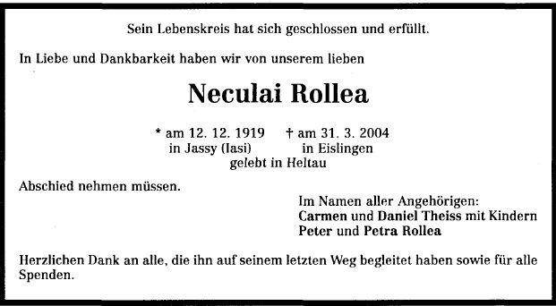 Rollea Neculai 1919-2004 Todesanzeige